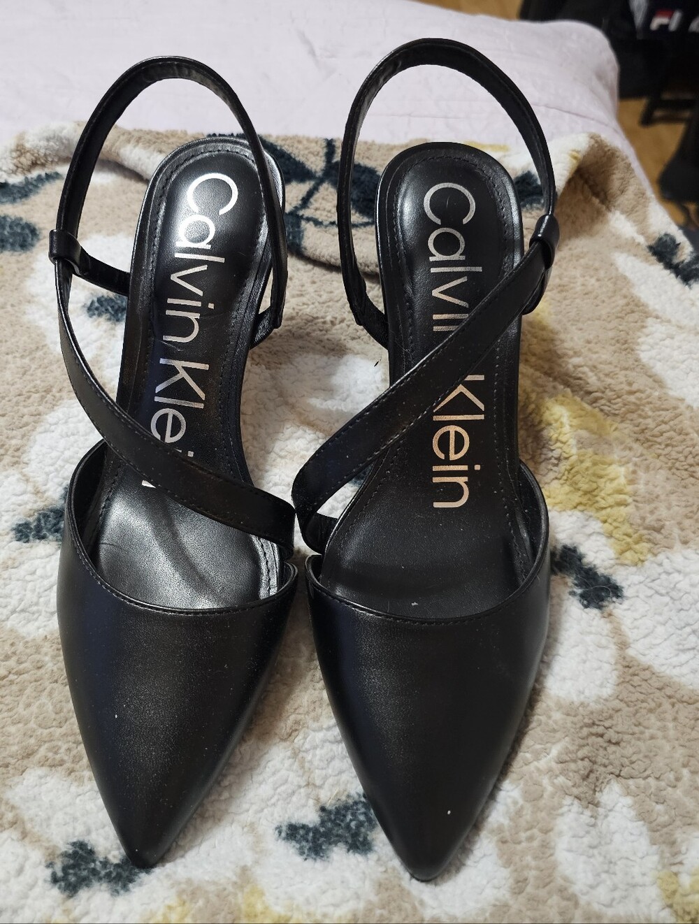 Calvin Klein Black Pointed Slingback Heels with Cross Straps